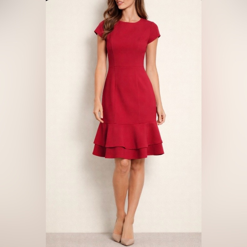 Eliza J Red Dress Size 8 Fit Flare Ruffle Hem Elegant Career Party